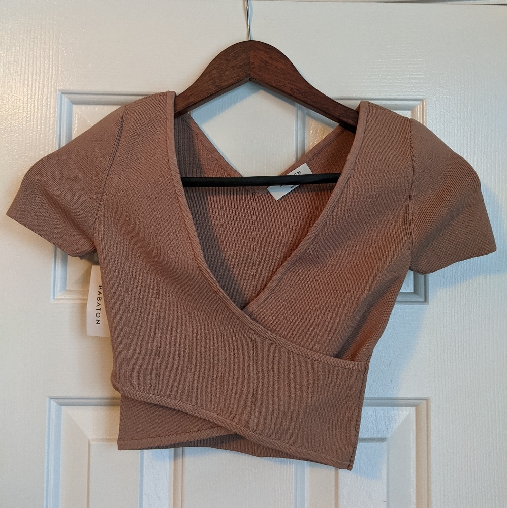 Babaton Sculpt Knit Cross-Front Top XXS Clay Mask